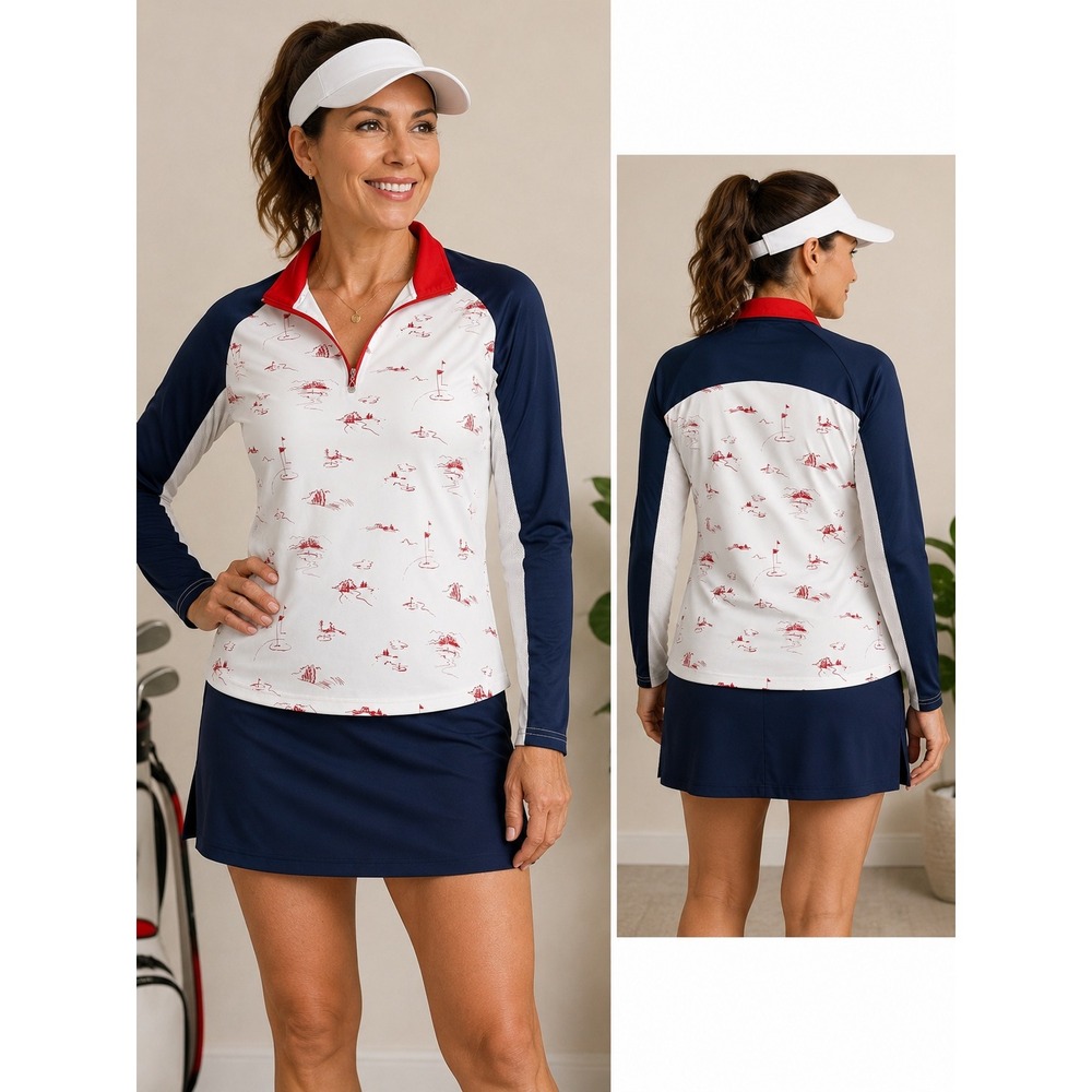 SanSoleil Top Women SolCool Golf Top Red White Blue Golf Print UPF 50 Size XS